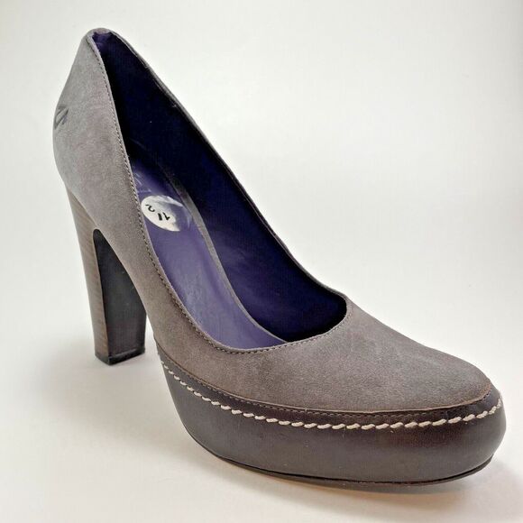 True Religion High Heel Platforms Women’s 8.5 Gray Suede Brown Leather 4.5" Heel - Picture 4 of 16
